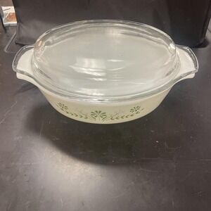 Vintage Glass Casserole‎ Oven Proof Made in USA Green Floral Design with Lid